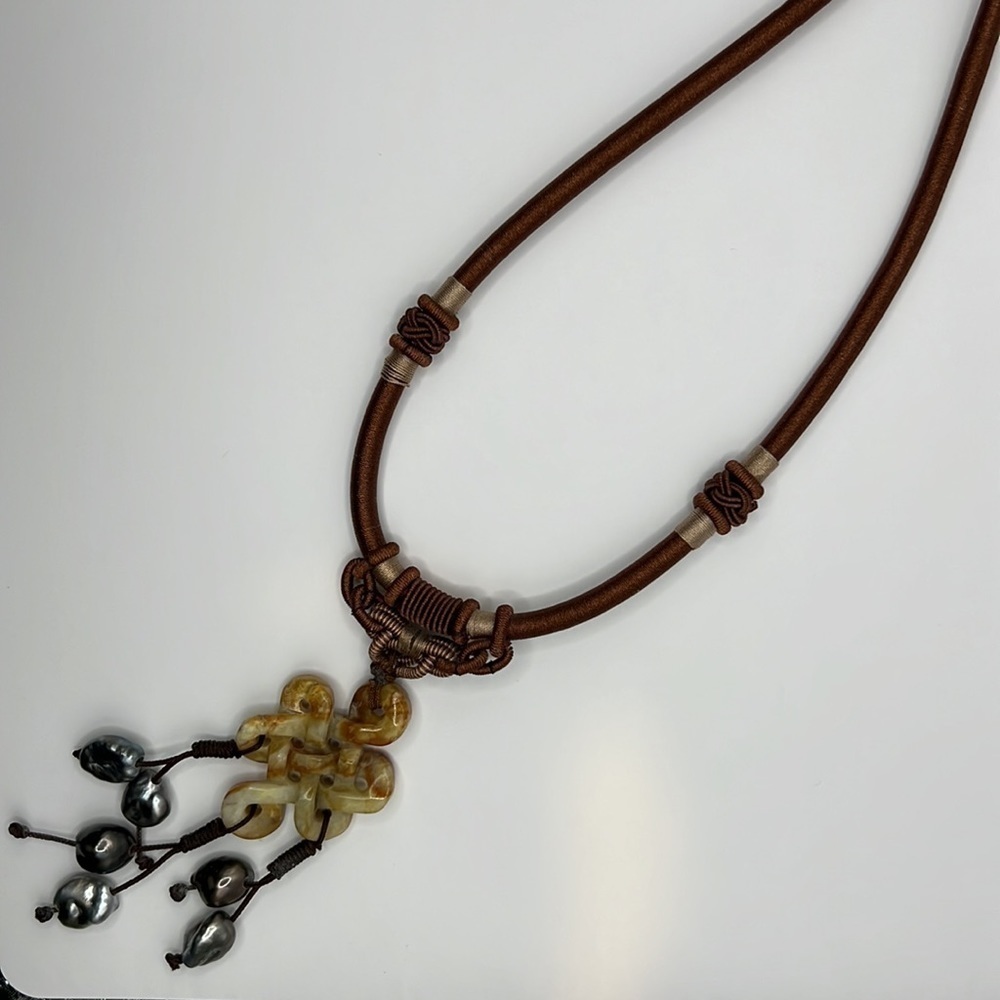 Carved Agate Infinite Knot and Tahitian Pearls with Silk woven Chain Necklace - Picture 8 of 9